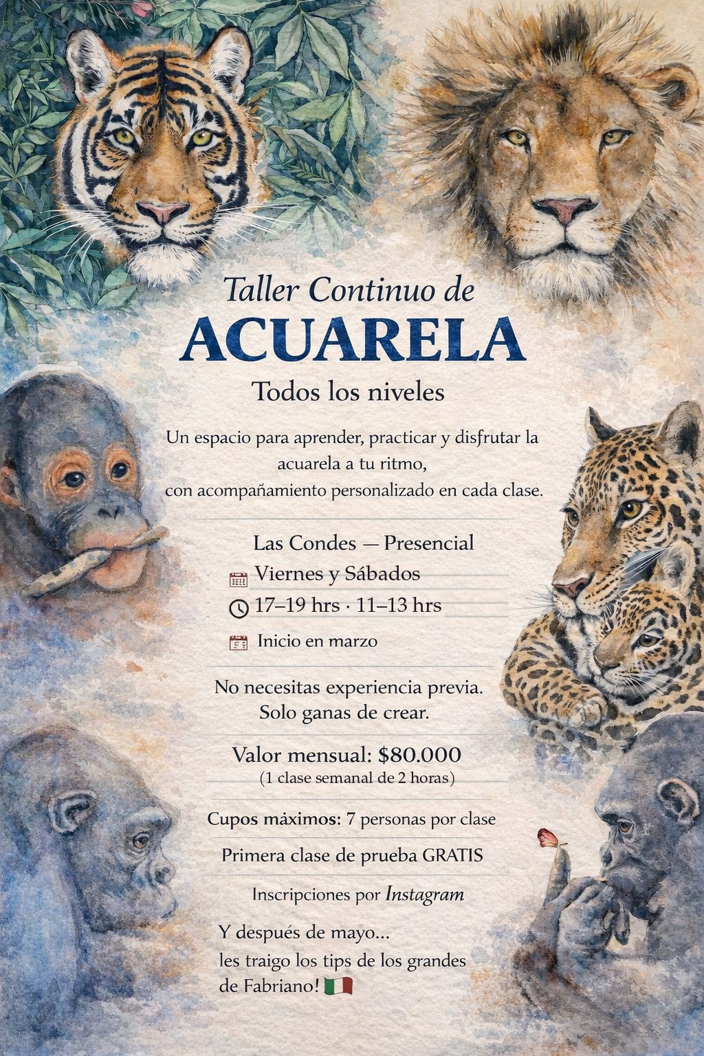 Cartel del Taller Continuo de Acuarela de Sarah Atalah Perrot — Las Condes, viernes 17-19 hrs y sábados 11-13 hrs