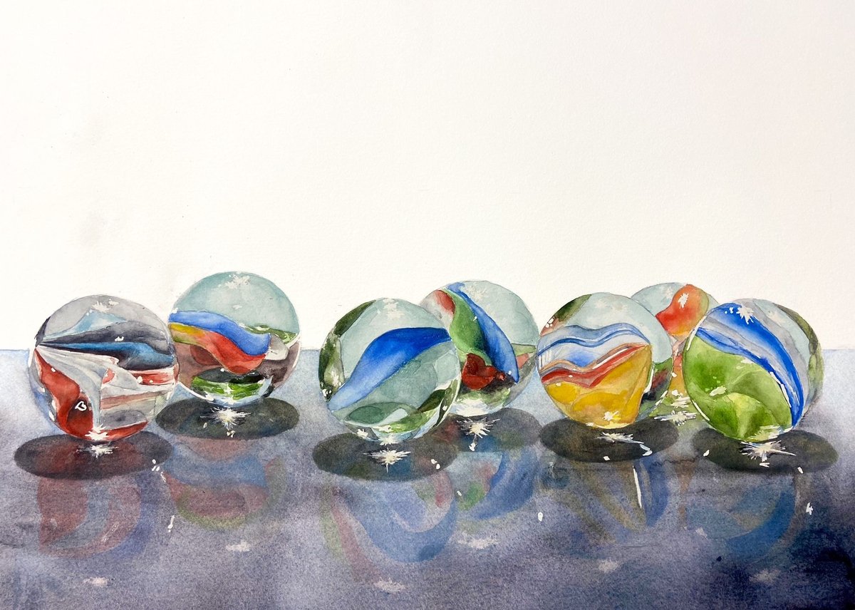 Bolitas de cristal con reflejos translúcidos, acuarela por Sarah Atalah Perrot