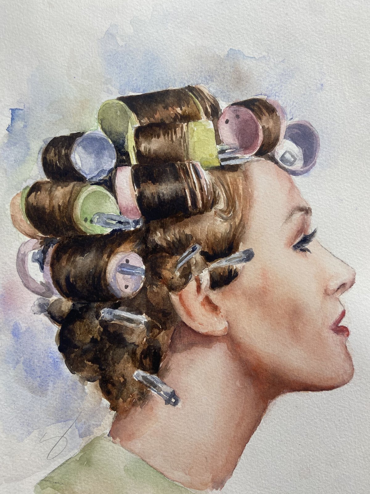 Cachirulos, mujer con ruleros vista de perfil, acuarela por Sarah Atalah Perrot