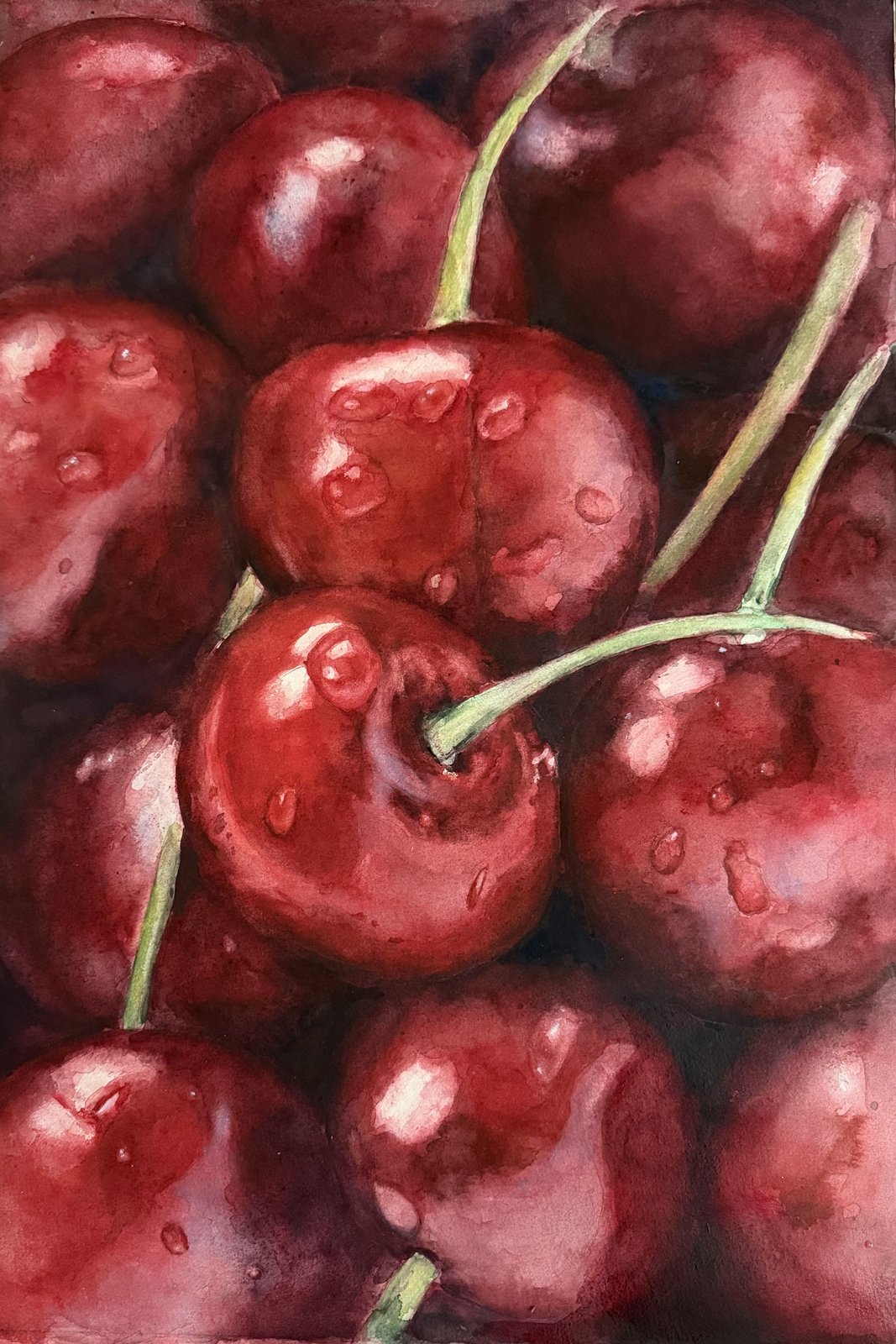 Cherries, watercolor by Sarah Atalah Perrot, exhibited at Fabriano in Acquerello 2026