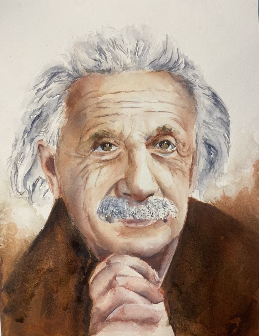 Retrato en acuarela de Albert Einstein, por Sarah Atalah Perrot