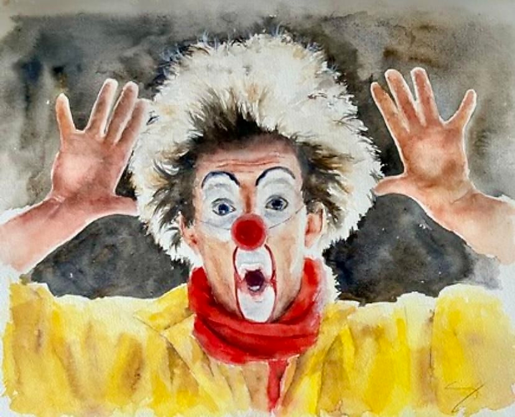Clown, watercolor by Sarah Atalah Perrot, exhibited at Urbino in Acquerello 2026